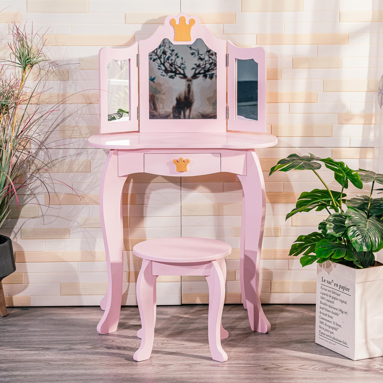 Garvee Tocador Infantil De Madera 2 En 1 Con Espejo Triple Plegable Y Cajón Para Niñas, Diseño Princesa, MDF Resistente, Taburete, Habitación Infantil
