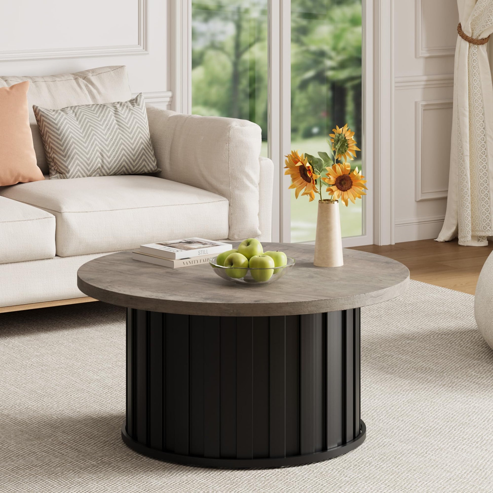 Tavolino da caffè rotondo Garvee, stile moderno di metà secolo, con struttura in metallo, piano scanalato da 31,9 pollici, in MDF nero, per soggiorno e appartamento