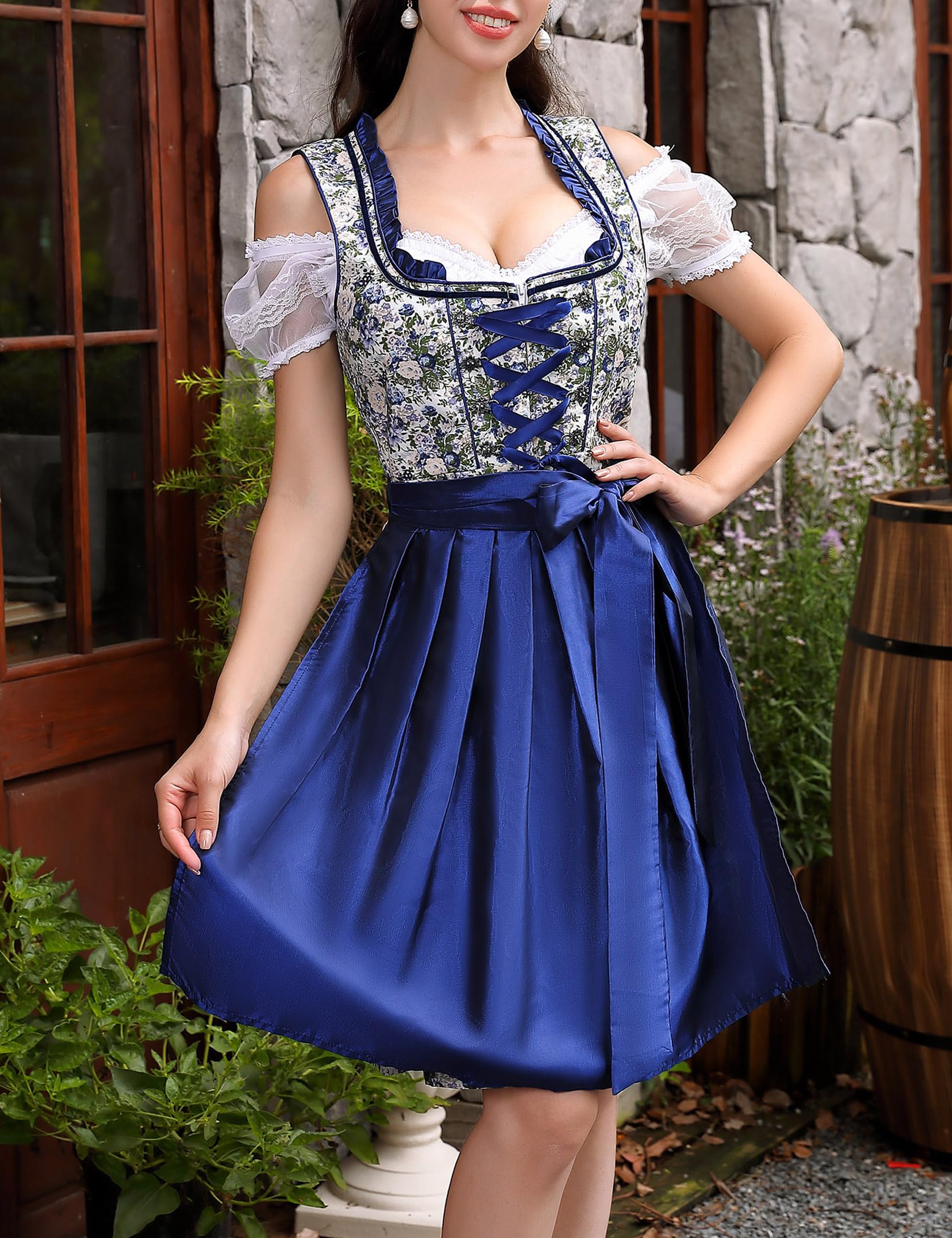 Garvee - Completo corto da donna Dirndl, 3 pezzi, abito tradizionale midi, blu floreale, per Oktoberfest, feste, matrimoni, taglia 34