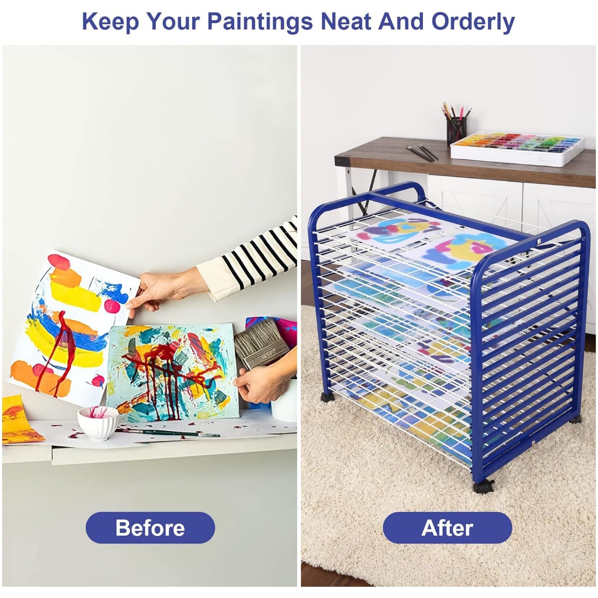 Stendibiancheria GARVEE Art con 16 scomparti, supporto mobile per asciugatura, solida struttura in metallo, rivestimento durevole, stendibiancheria per quadri e carrello per asciugatura quadri per dipinti, disegni e altro ancora.