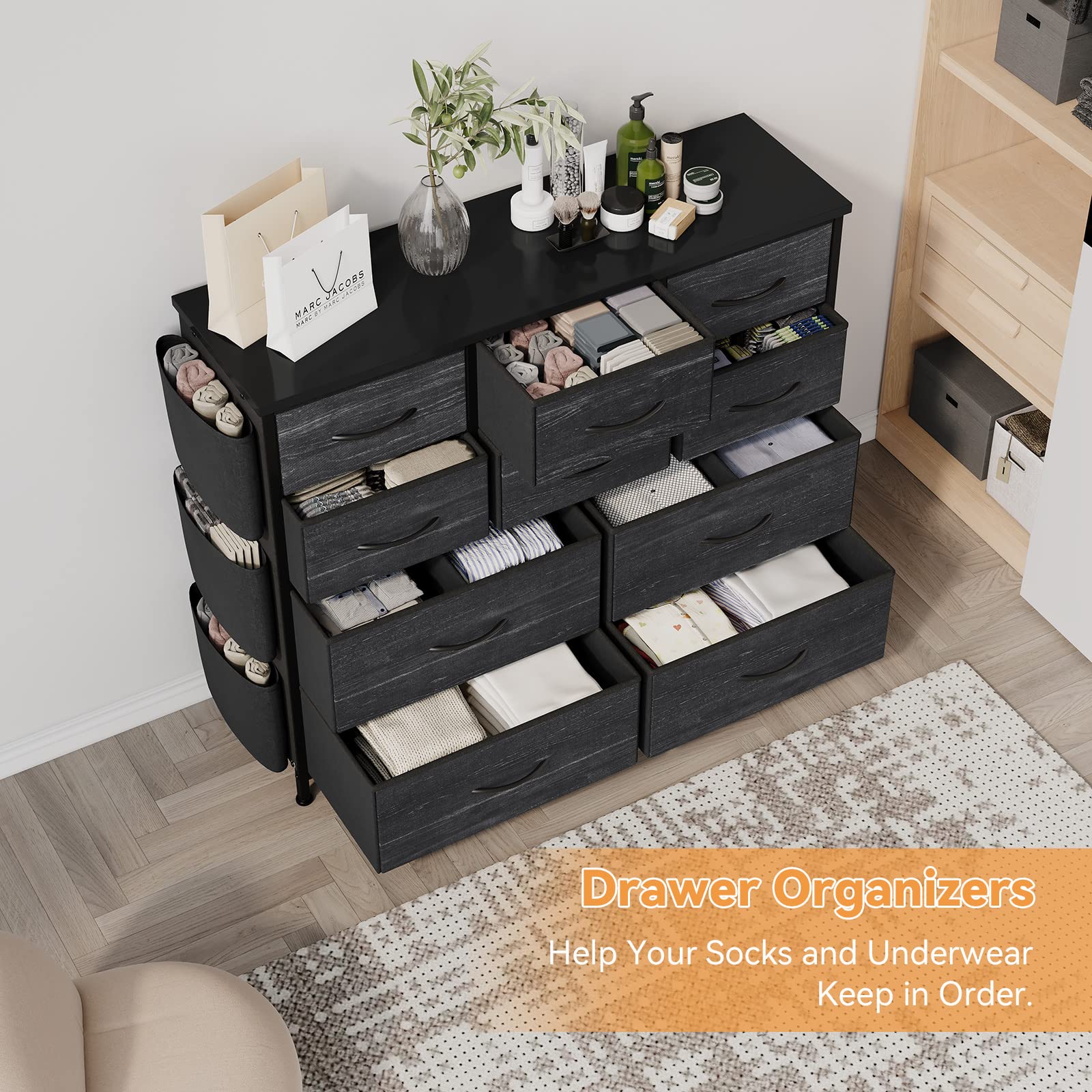 Cassettiera Garvee con 10 cassetti, tessuto, guide in metallo, piano in legno impermeabile per camera da letto e soggiorno, versatile, salvaspazio