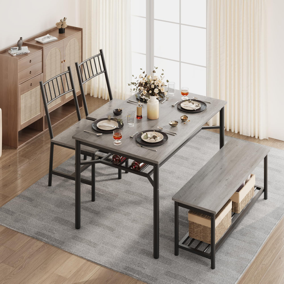 Set da pranzo Garvee per 4 persone con portabottiglie, grigio retrò, MDF e acciaio, sedie e panca robuste e salvaspazio, ideale per piccoli spazi