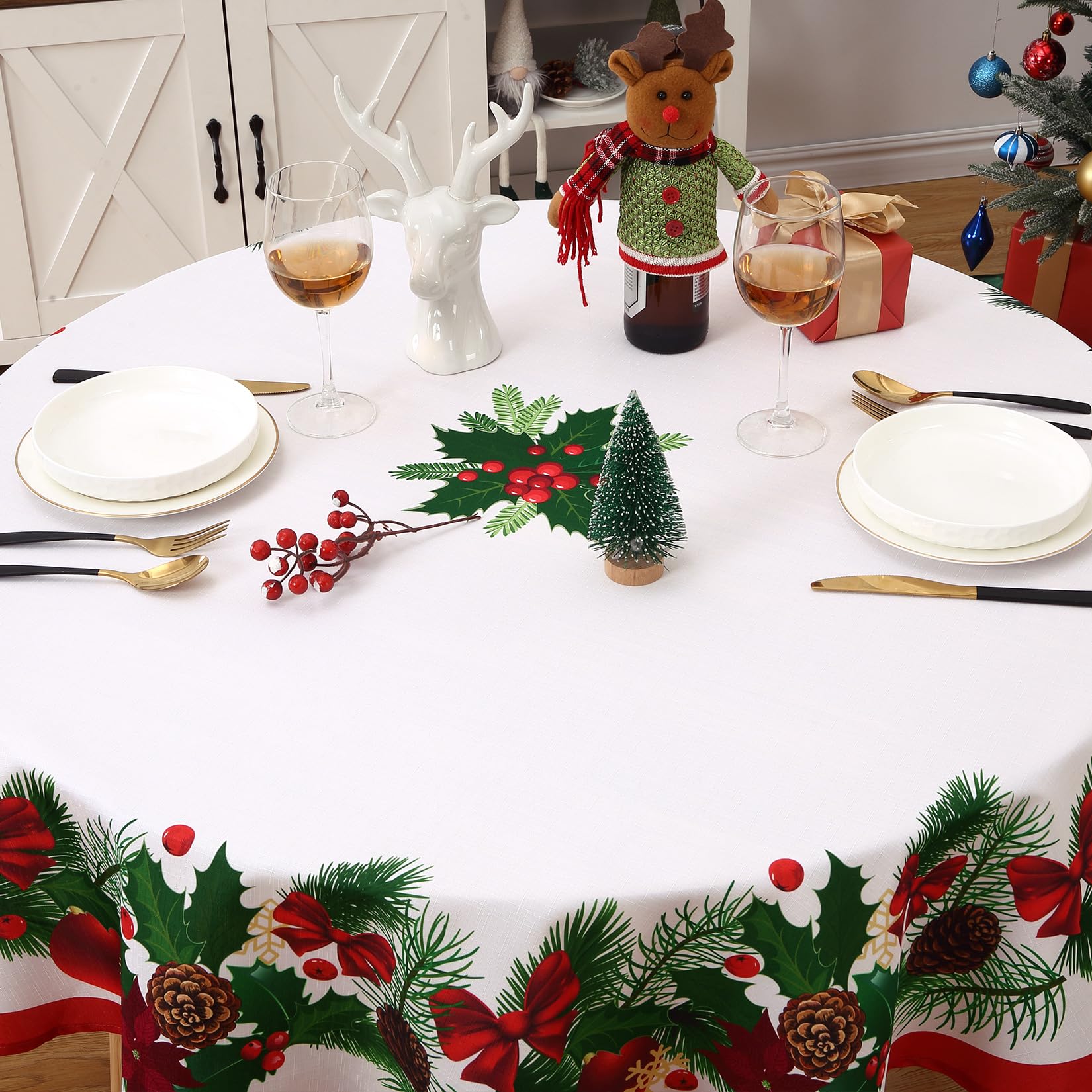 Tovaglia rotonda natalizia Garvee da 60 pollici con motivo a foglie, in poliestere impermeabile e resistente al calore, per sala da pranzo e soggiorno