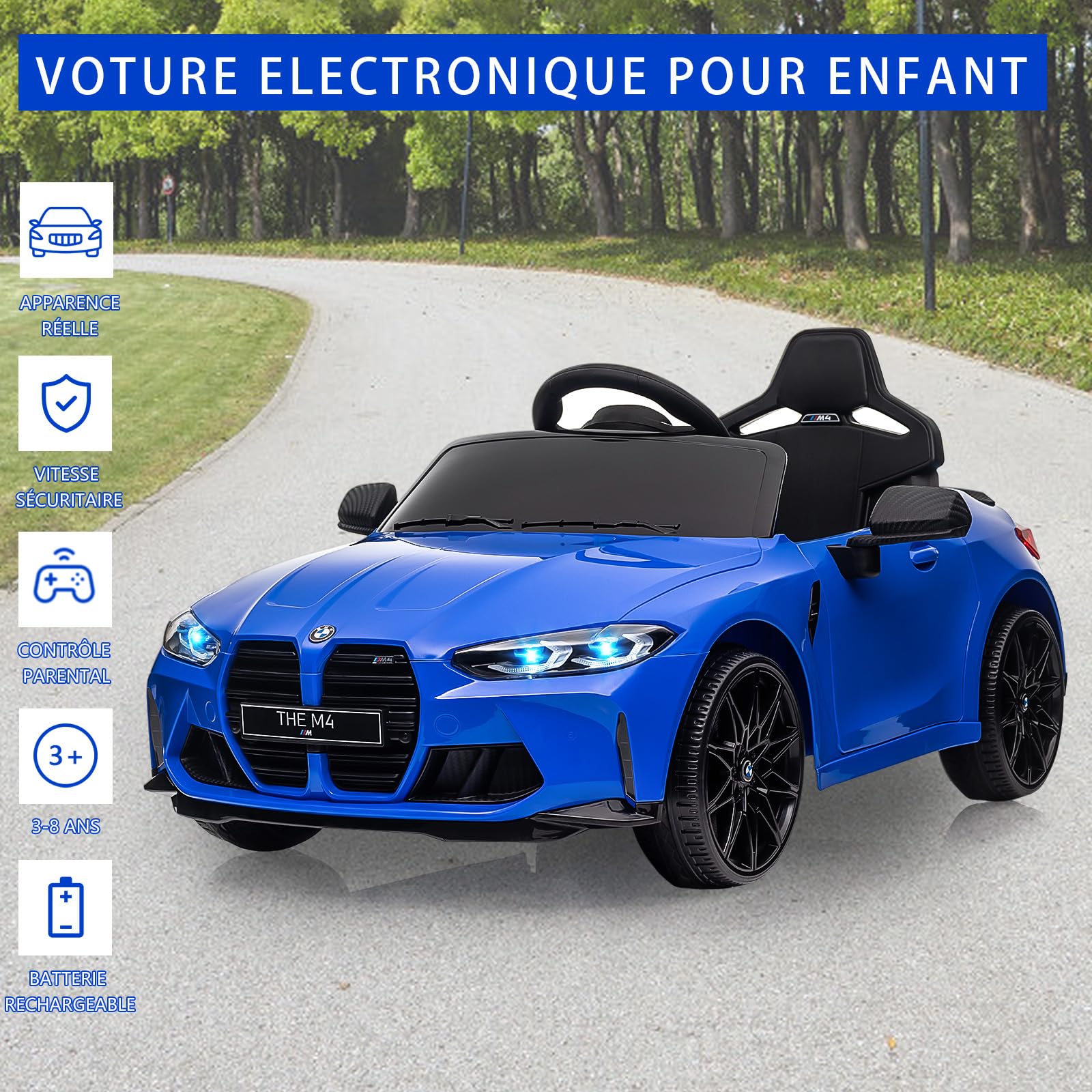 Garvee Kids Electric Car 12V con licenza BMW M4 con telecomando 2.4G, USB, musica LED, stabile, sicura, multicolore