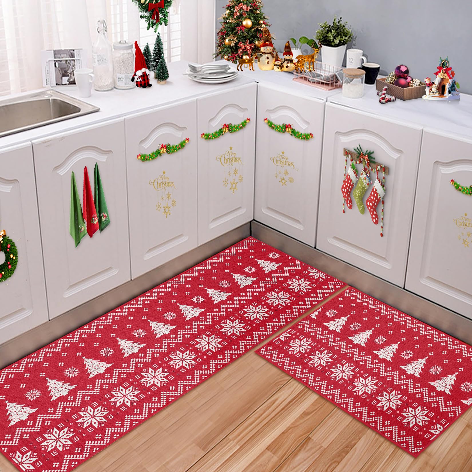 Tappetini da cucina natalizi Garvee, set da 2 pezzi, tappetini simili in lino bohémien per pavimento e bagno, 40x60 cm + 40x120 cm
