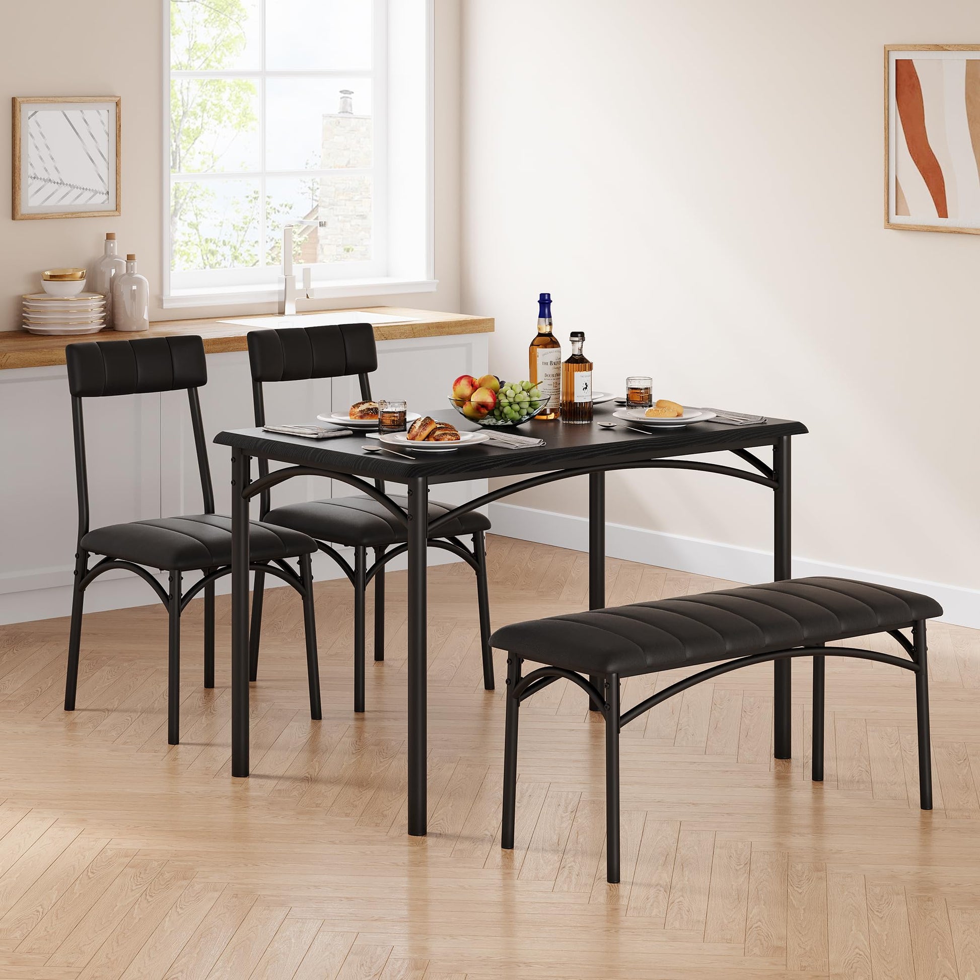 Set da pranzo Garvee per 4 persone con sedie imbottite e panca, tavolo rettangolare in legno, robusto, salvaspazio, ideale per appartamenti, MDF e acciaio