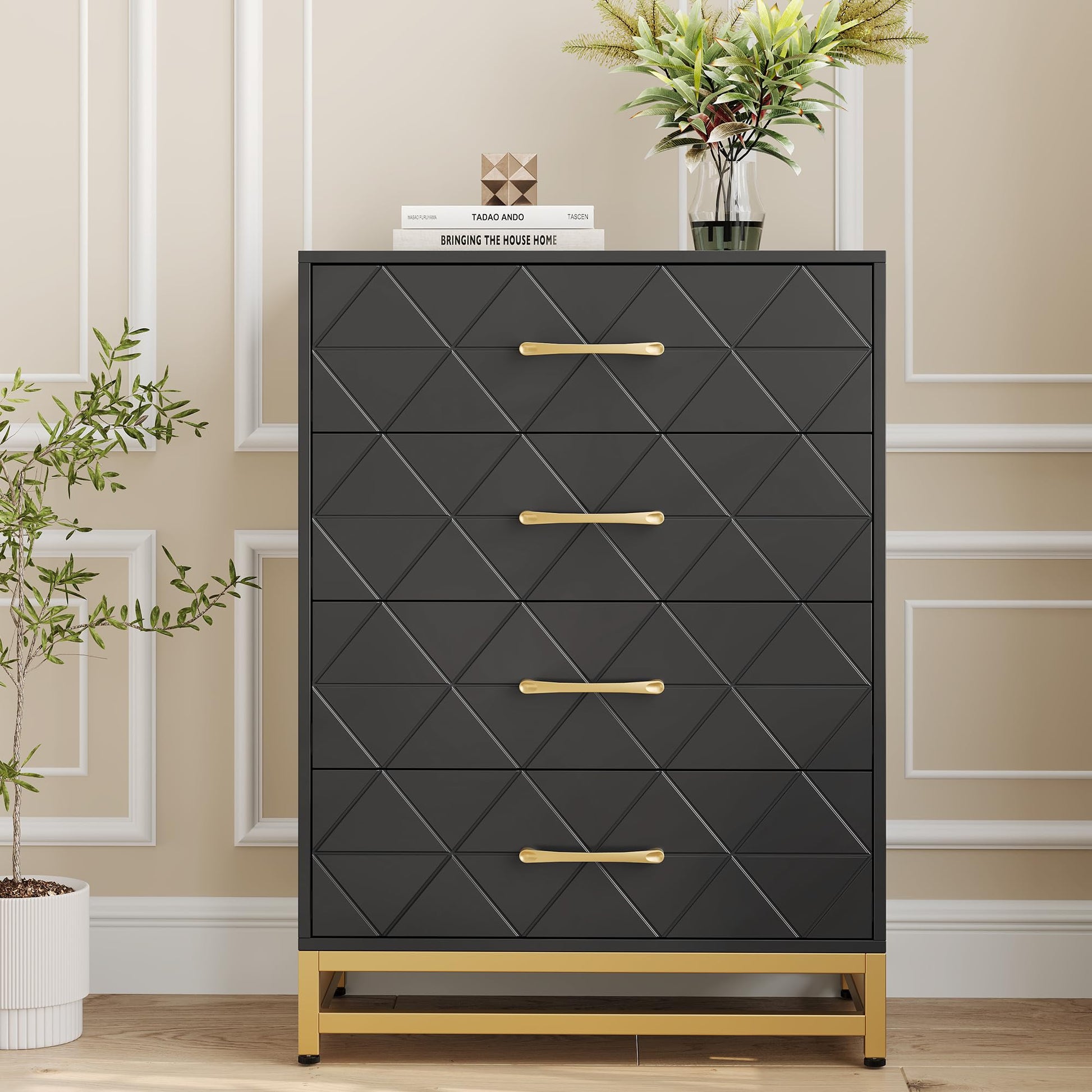 Cassettiera Garvee nera a 4 cassetti con maniglie in metallo per camera da letto, ufficio, soggiorno, 23.9"x15.8"x36.2", design moderno in legno
