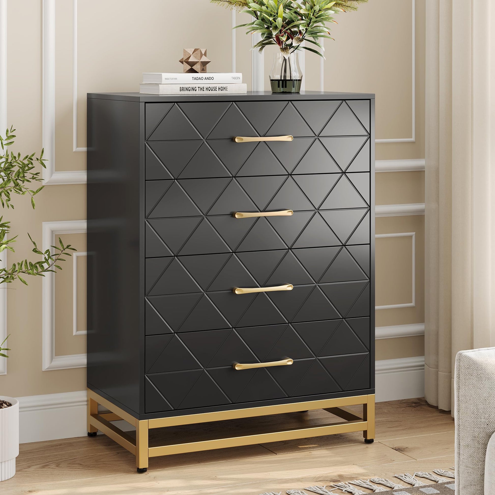 Cassettiera Garvee nera a 4 cassetti con maniglie in metallo per camera da letto, ufficio, soggiorno, 23.9"x15.8"x36.2", design moderno in legno