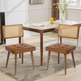 Set di 2 sedie da pranzo Garvee Mid Century in rattan con schienale intrecciato a mano, seduta imbottita, struttura in legno, pelle PU marrone, per cucina e sala da pranzo - verde