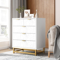 Garvee 5-Schubladen-Schrank MDF Bianco mit Goldfüßen für Wohnzimmer und Büro, 73x51,5x20,5 cm, Modernes Rhombus-Design