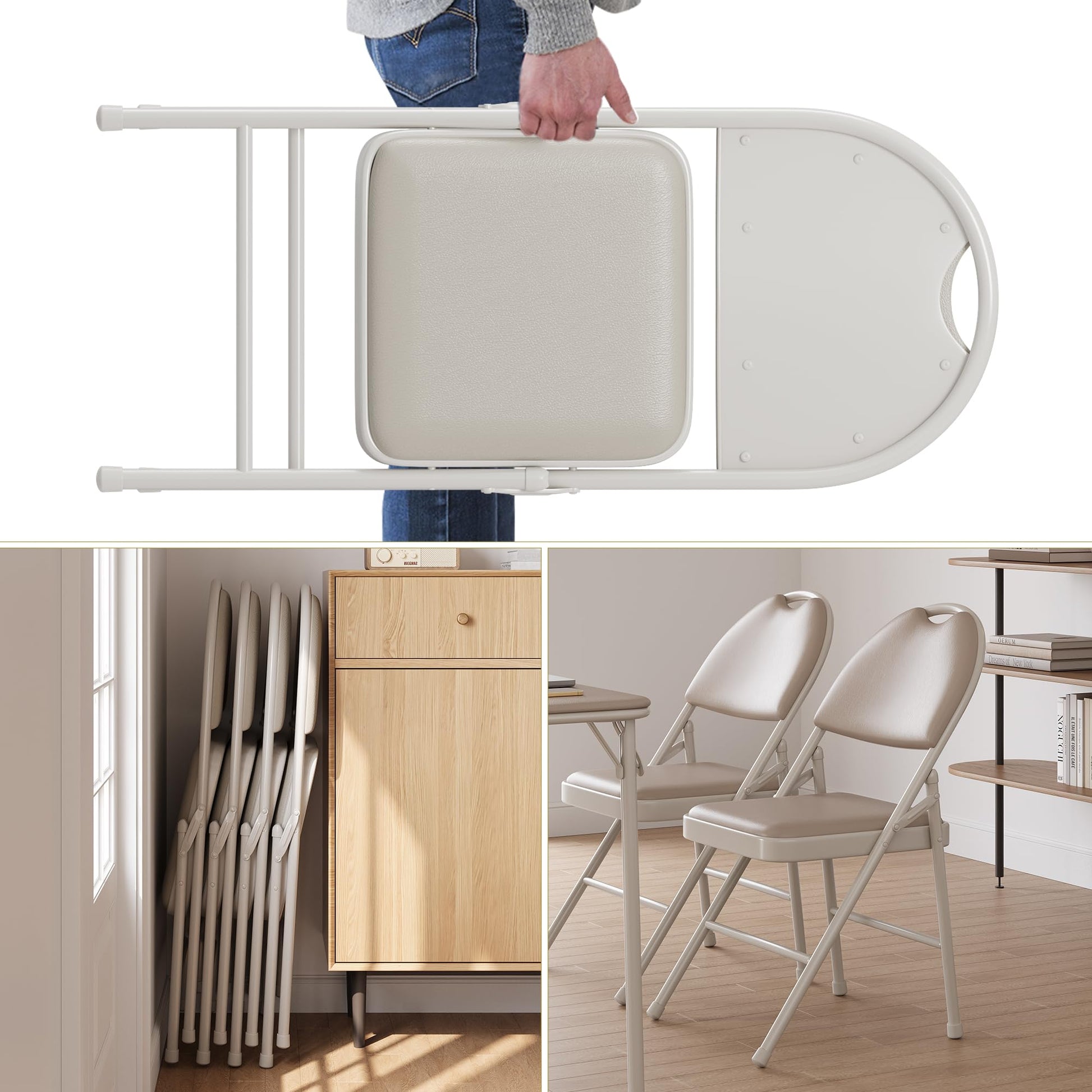 Garvee Set di 2 sedie pieghevoli con rivestimento in similpelle, metallo pieghevole, beige, per campeggio e ufficio