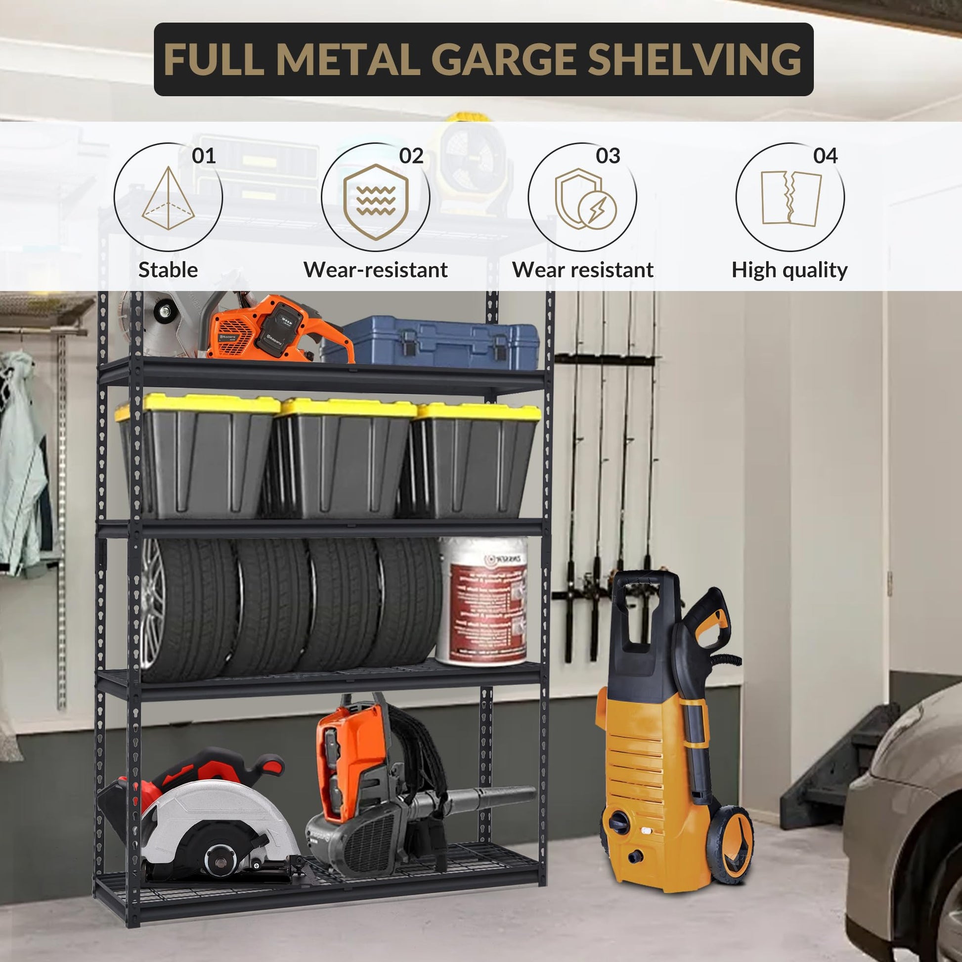 Sistema di scaffalature per garage Garvee Heavy Duty, ripiani in metallo regolabili per officina, cantina, garage, 48x18x72 pollici, nero