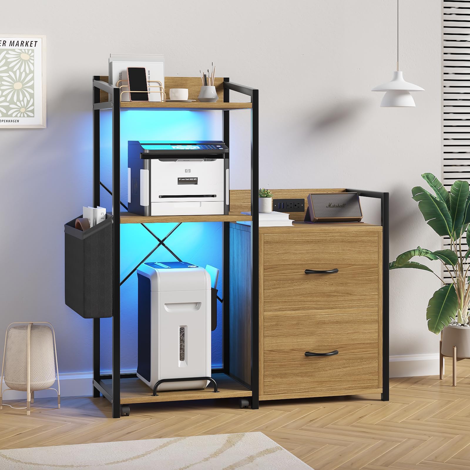 Supporto per stampante Garvee Industrial a 3 livelli con cassetti, luce LED, funzione di ricarica per l'organizzazione dell'ufficio, legno massiccio, robusto e con ampio spazio di archiviazione