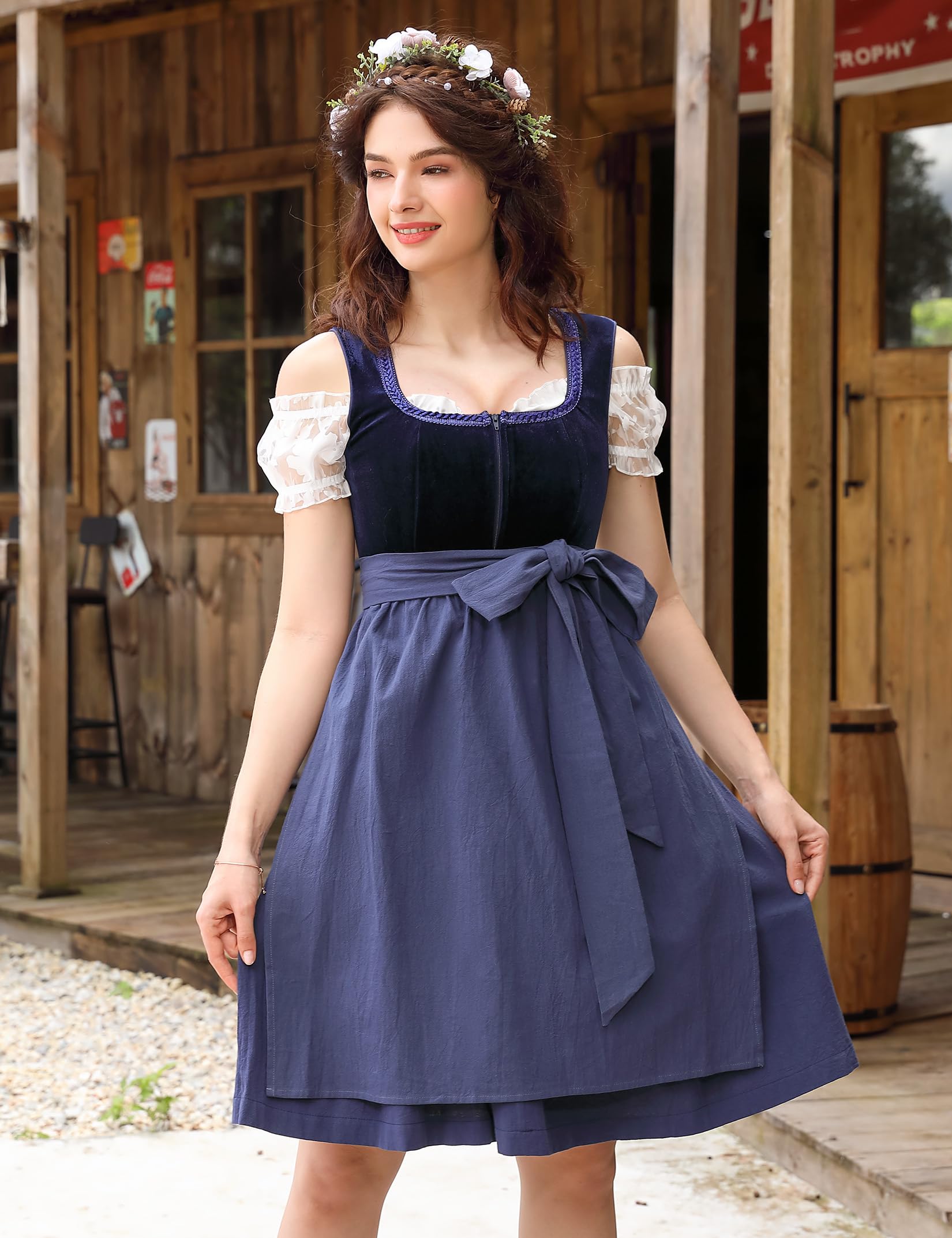 Garvee - Vestito Dirndl corto tradizionale da donna, 3 pezzi, in velluto blu scuro, Oktoberfest B38