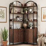 Garvee Libreria Angolare con Ripiani e Armadietto, 6 Ripiani Arched, Telaio in Metallo, Design Angolo 90°, MDF, Stabile, 74.5"x31.4"x31.4", Nero - Brown