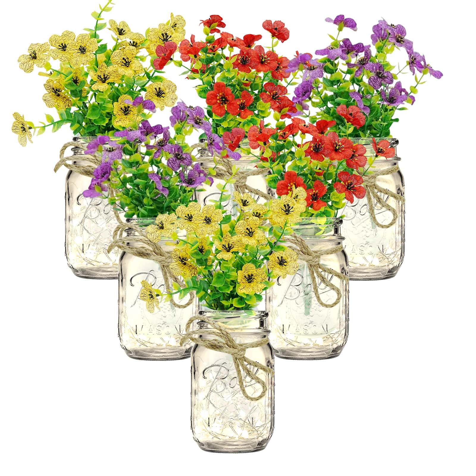 Garvee Set 6 decorazioni per la tavola in barattolo di vetro con fiori, luci a LED, vetro, nastro diuta per matrimoni e feste, 500 ml, trasparente