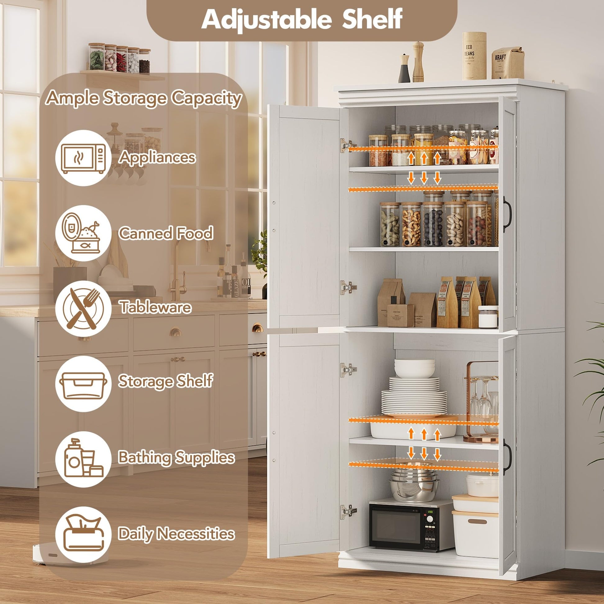 Mobile dispensa Garvee da 70" con ante e ripiani regolabili per cucina e soggiorno, in legno MDF P2, robusto, antiribaltamento, tonalità legno neutro