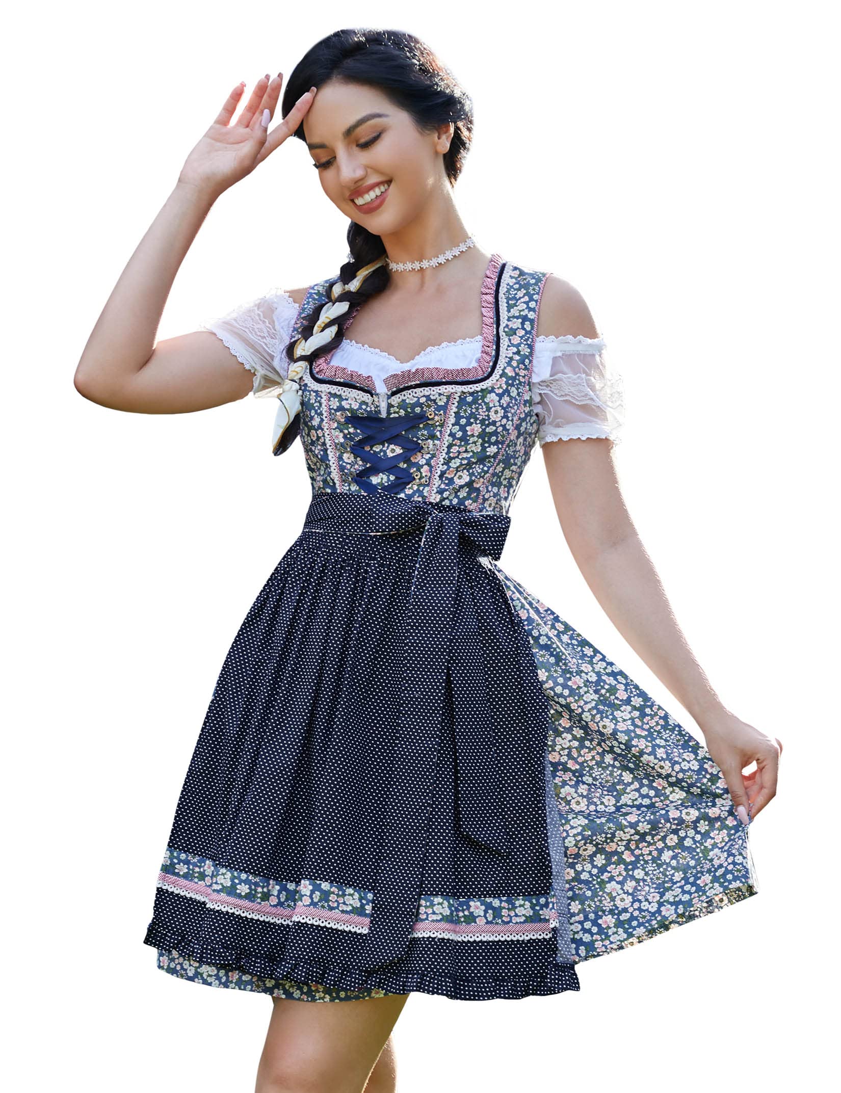 Abito tradizionale Dirndl da donna Garvee, corto con ricami, tre pezzi, Oktoberfest, blu scuro con fiori, taglia 36