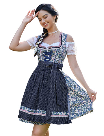 Abito tradizionale Dirndl da donna Garvee, corto con ricami, tre pezzi, Oktoberfest, blu scuro con fiori, taglia 36