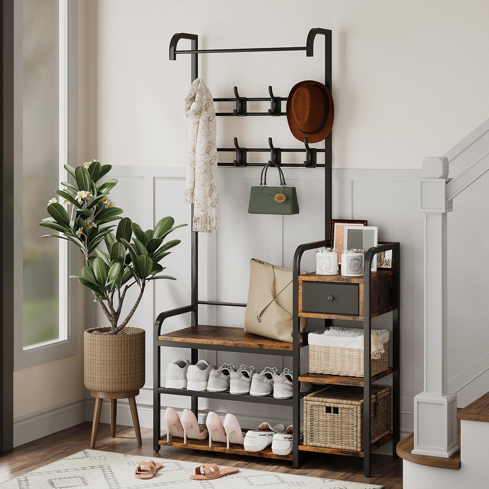 Armadio a muro Garvee 3 in 1 con scarpiera e cassetto per corridoio e ingresso, in legno e metallo, stile rustico moderno, nero/bianco, salvaspazio