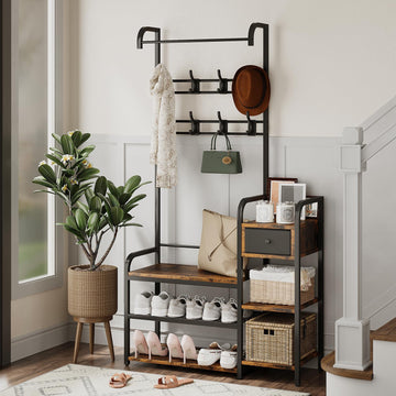 Armadio a muro Garvee 3 in 1 con scarpiera e cassetto per corridoio e ingresso, in legno e metallo, stile rustico moderno, nero/bianco, salvaspazio