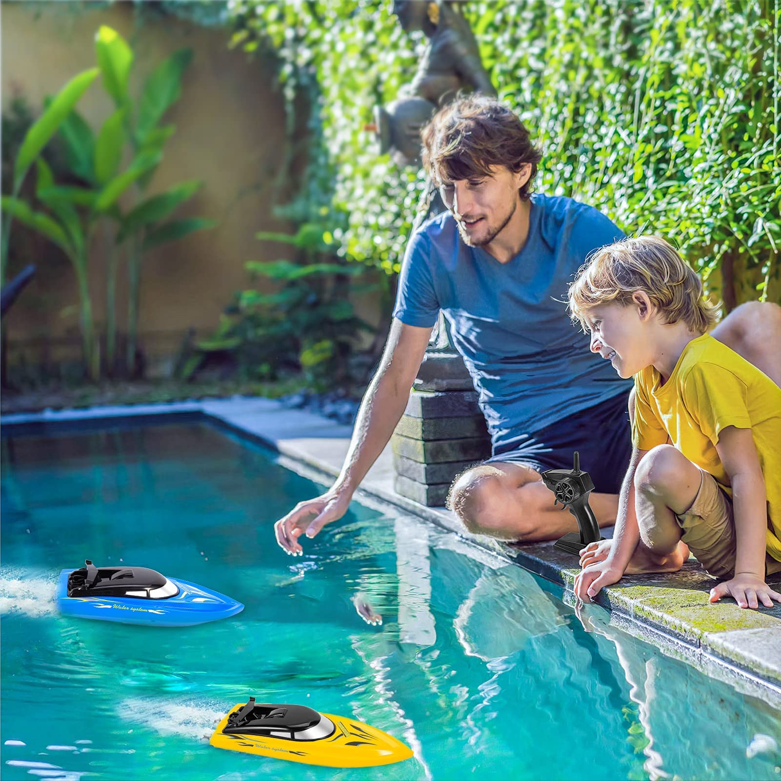 Garvee 2-Pack RC Boat - Barca telecomandata ad alta velocità da 10 km/h per piscine e laghi, plastica ABS, 4 batterie, cavo di ricarica USB, blu