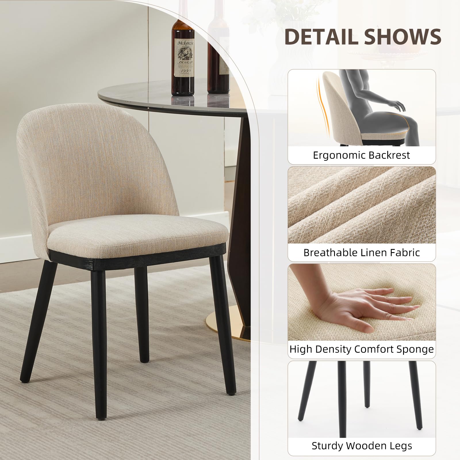 Sedie da pranzo imbottite Garvee, set da 2, beige, moderne, cuscini spessi, gambe in legno, schienale ergonomico, per cucina e bar