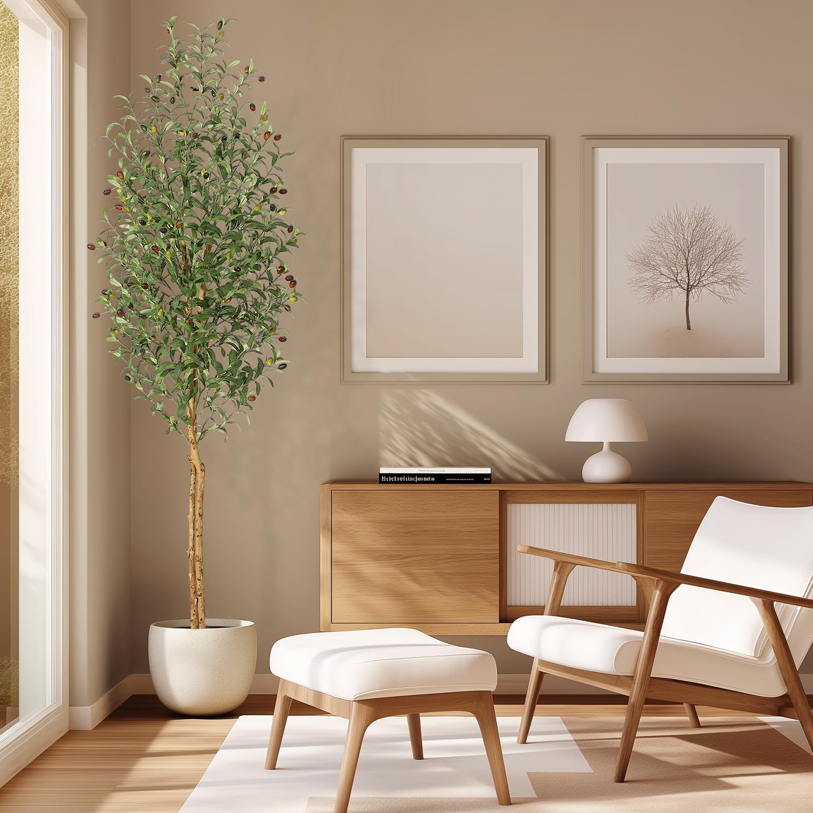 Albero di ulivo artificiale Garvee da 2,1 m con 2 tronchi di legno, 1152 foglie di seta, vaso in cemento bianco, decorazione per soggiorno, rami regolabili, verde realistico