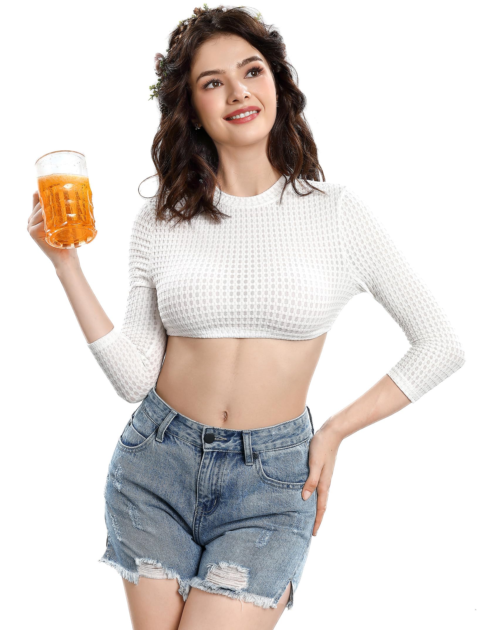 Camicetta Dirndl Garvee da donna, in pizzo, bianca, manica lunga, collo alto, camicetta Oktoberfest, taglia 40, crema