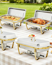 Garvee Chafing Dish Buffet Set da 6, 8QT, Acciaio Inox, Doppia Temperatura, Telaio Pieghevole, Oro, per Feste e Catering