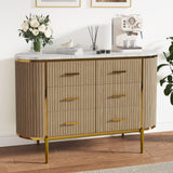 Garvee Cassettiera Fluted 6 Cassetti In Legno MDF Con Top Marmo Finto E Maniglie Oro Per Camera Da Letto E Corridoio, 120x40x80 cm, Naturale E Oro