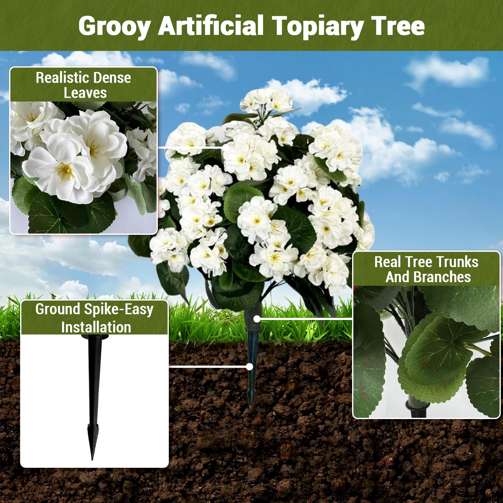Alberi artificiali Garvee a forma di palla di begonia lavanda da 23" in materiale PE resistente ai raggi UV e alle intemperie con picchetto per giardino e terrazza, verde
