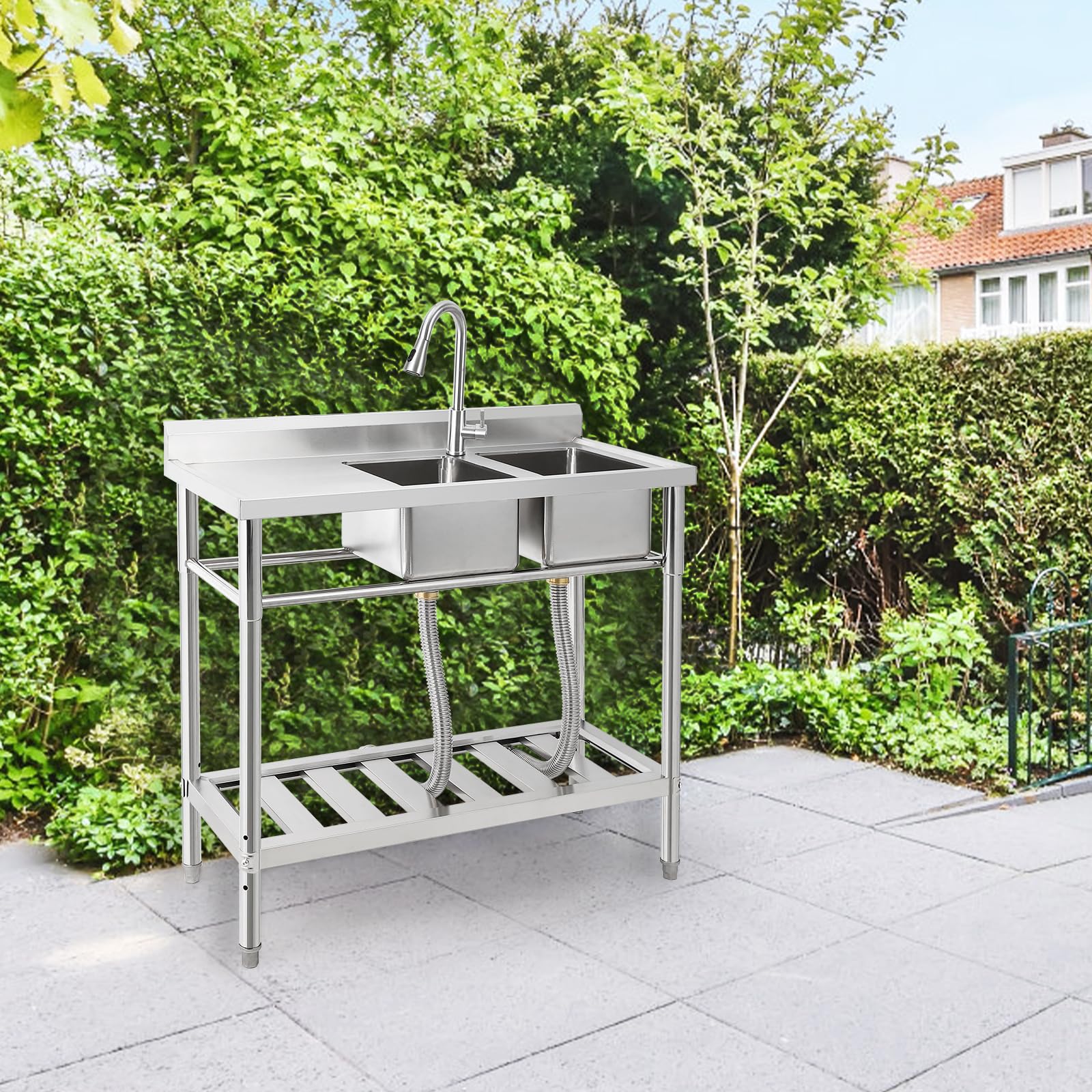 Lavello Commerciale Indipendente Garvee Fatturabile, 2 Vasche + Scolapiatti, Acciaio Inox, Rubinetto Girevole 360°, 105.6 x 51.0 x 37.0 cm , Argento per Ristoranti e Garage