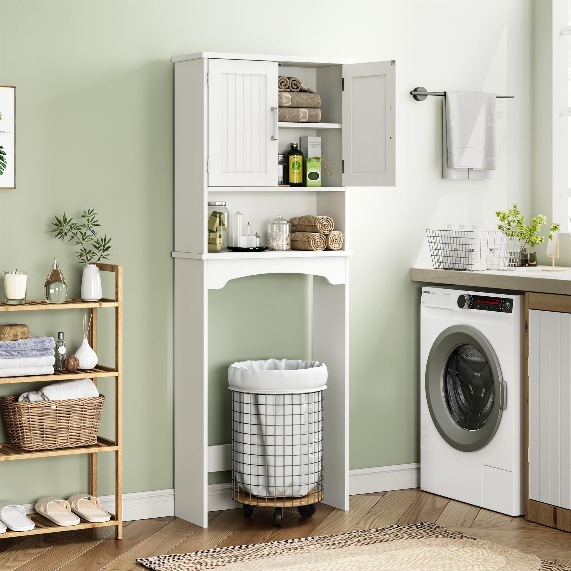 Mobiletto portaoggetti sopra il WC Garvee, in MDF con doppia ante e protezione antiribaltamento, per bagno e lavanderia, bianco, salvaspazio, versatile