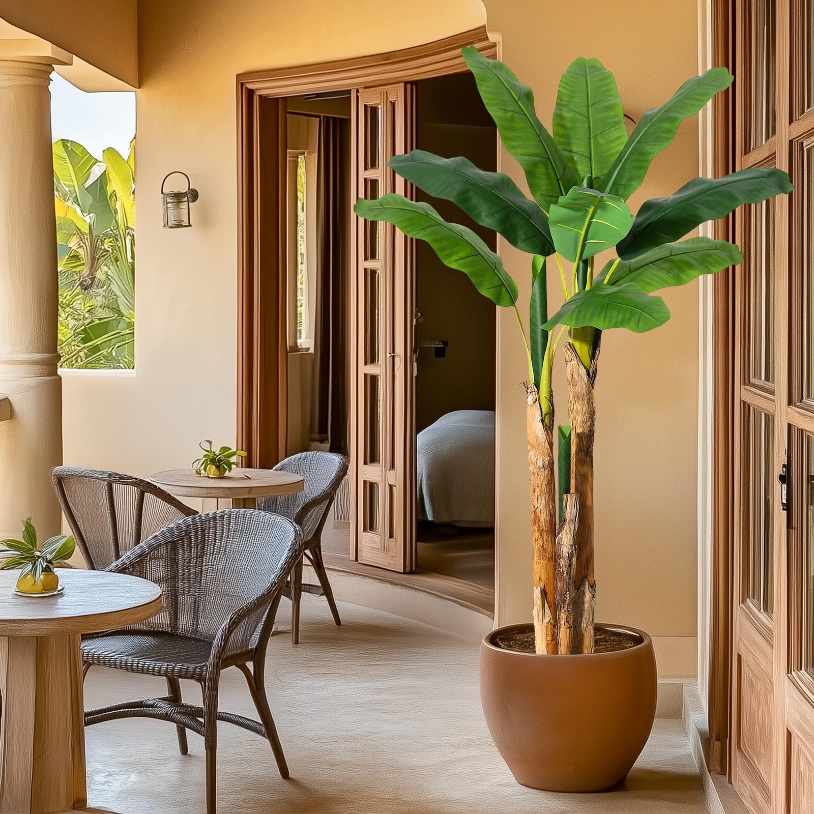 Albero di banano artificiale Garvee da 5 piedi con 11 foglie, foglie in PE, vaso di cemento, grigio per casa e ufficio