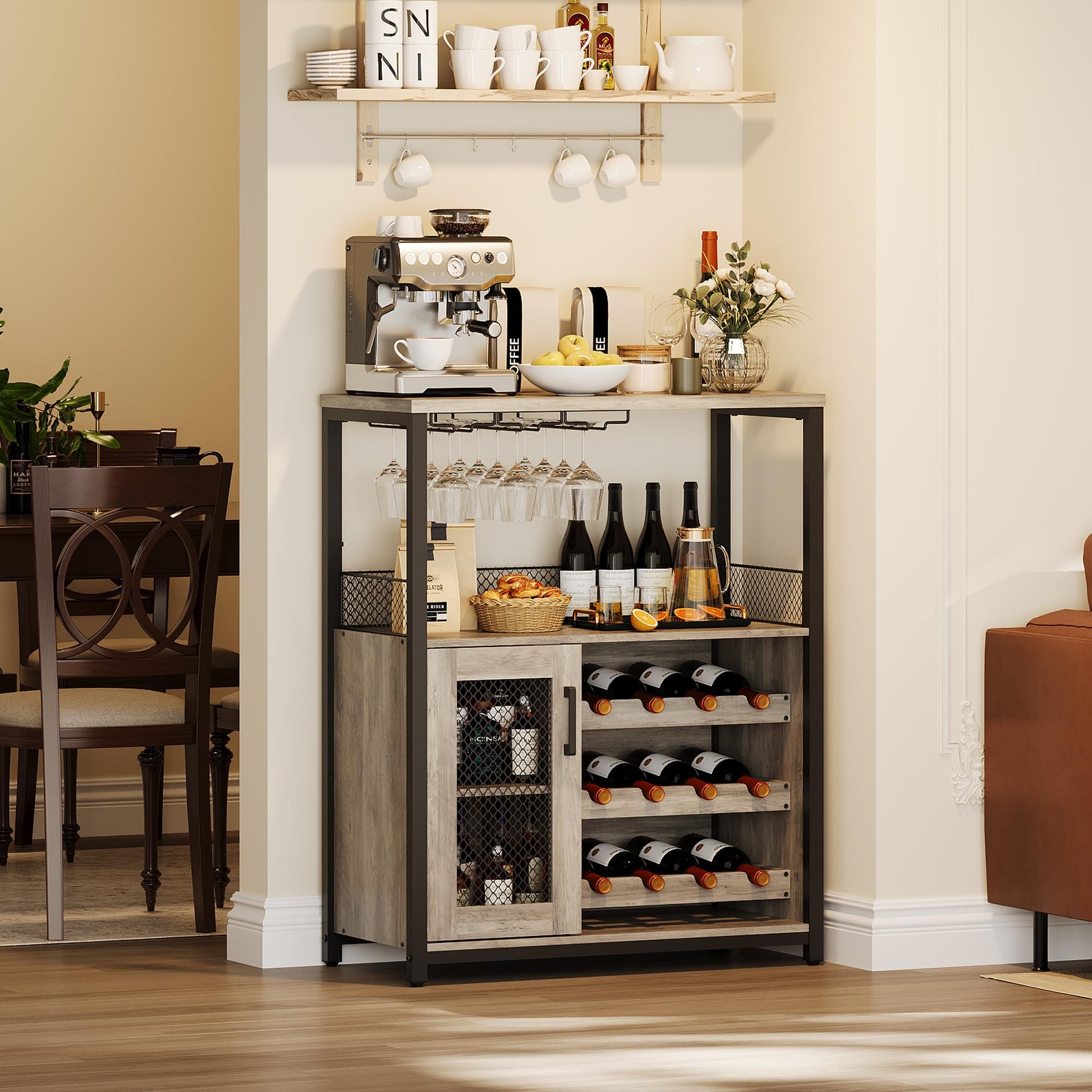 Mobile bar per vino Garvee con luce LED, ripiani regolabili, porta a rete, MDF e metallo, altezza 36", cucina e sala da pranzo, robusto, compatto