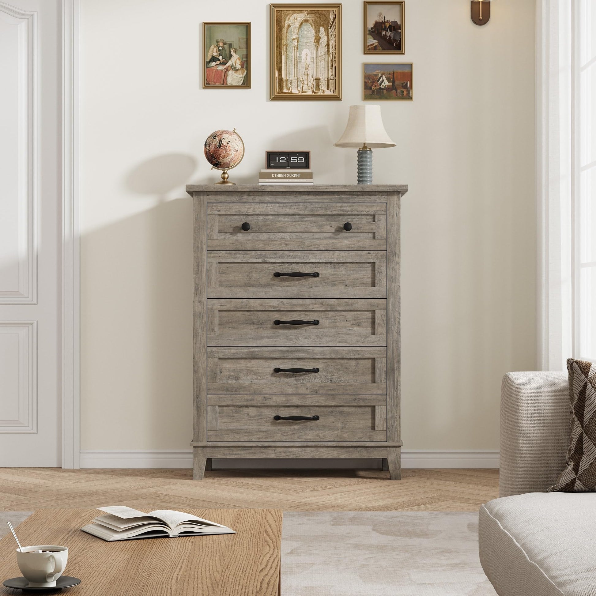 Cassettiera Garvee a 5 cassetti con ampio spazio di archiviazione, in legno MDF, tavolo impermeabile per camera da letto e soggiorno, 31,5x15,8x41,3 pollici, colore naturale
