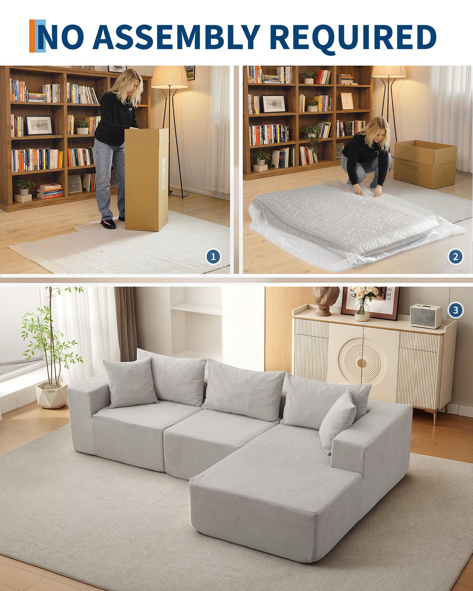 Divano componibile modulare Garvee da 108" con chaise longue a forma di L, tessuto polimerico Boneless Comfort, versatile per il soggiorno