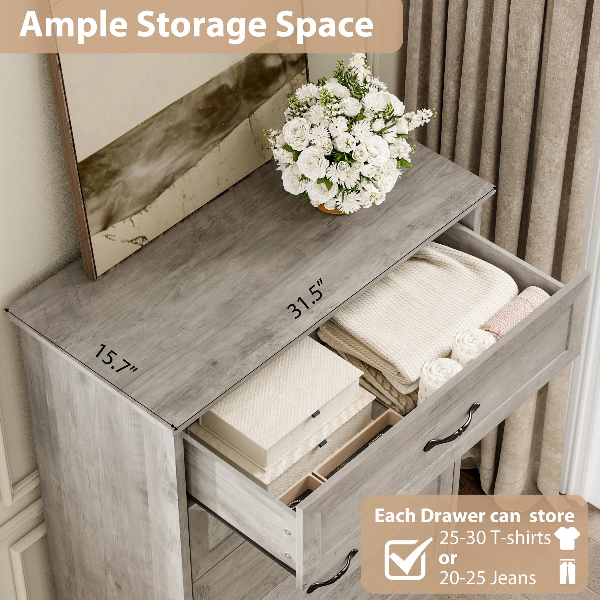Cassettiera Garvee a 5 cassetti per camera da letto con ampio spazio di archiviazione e protezione antiribaltamento, legno MDF, grigio, soggiorno e cameretta dei bambini