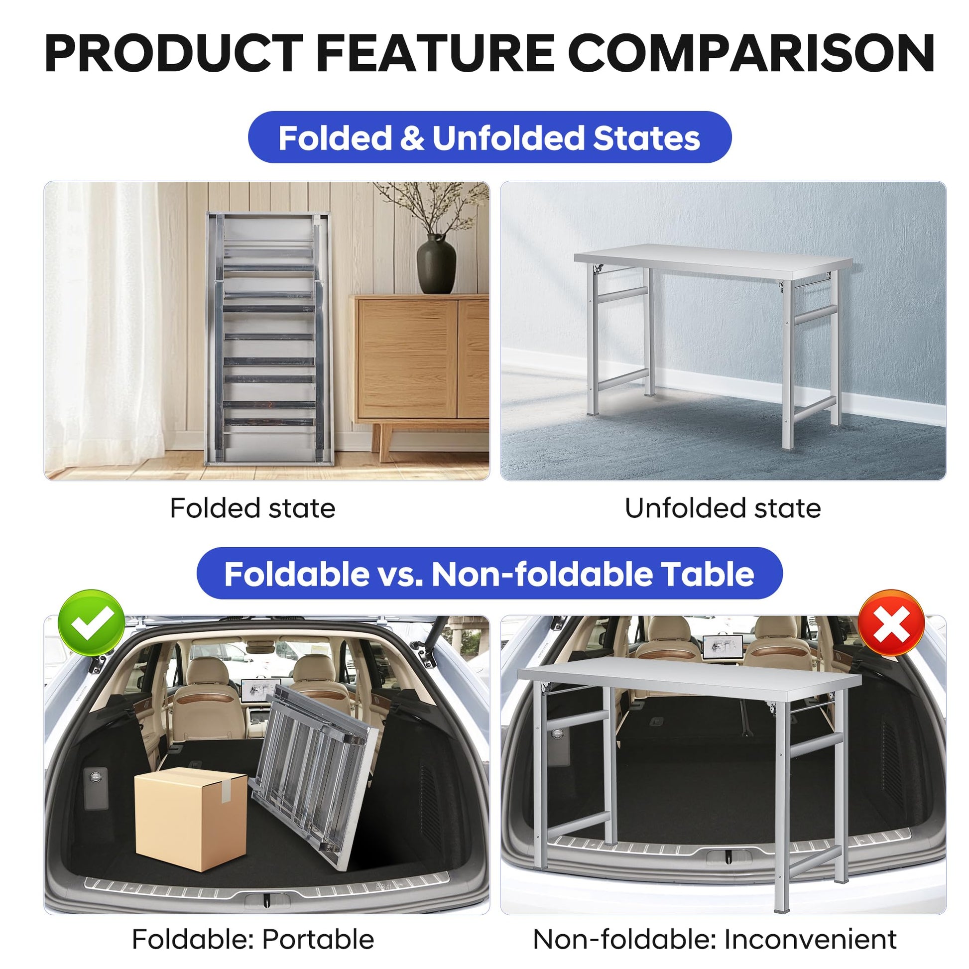 Tavolo pieghevole Garvee in acciaio inossidabile da 36" x 24" con ripiano inferiore regolabile per cucina, officina, garage, dimensioni 36", acciaio inossidabile