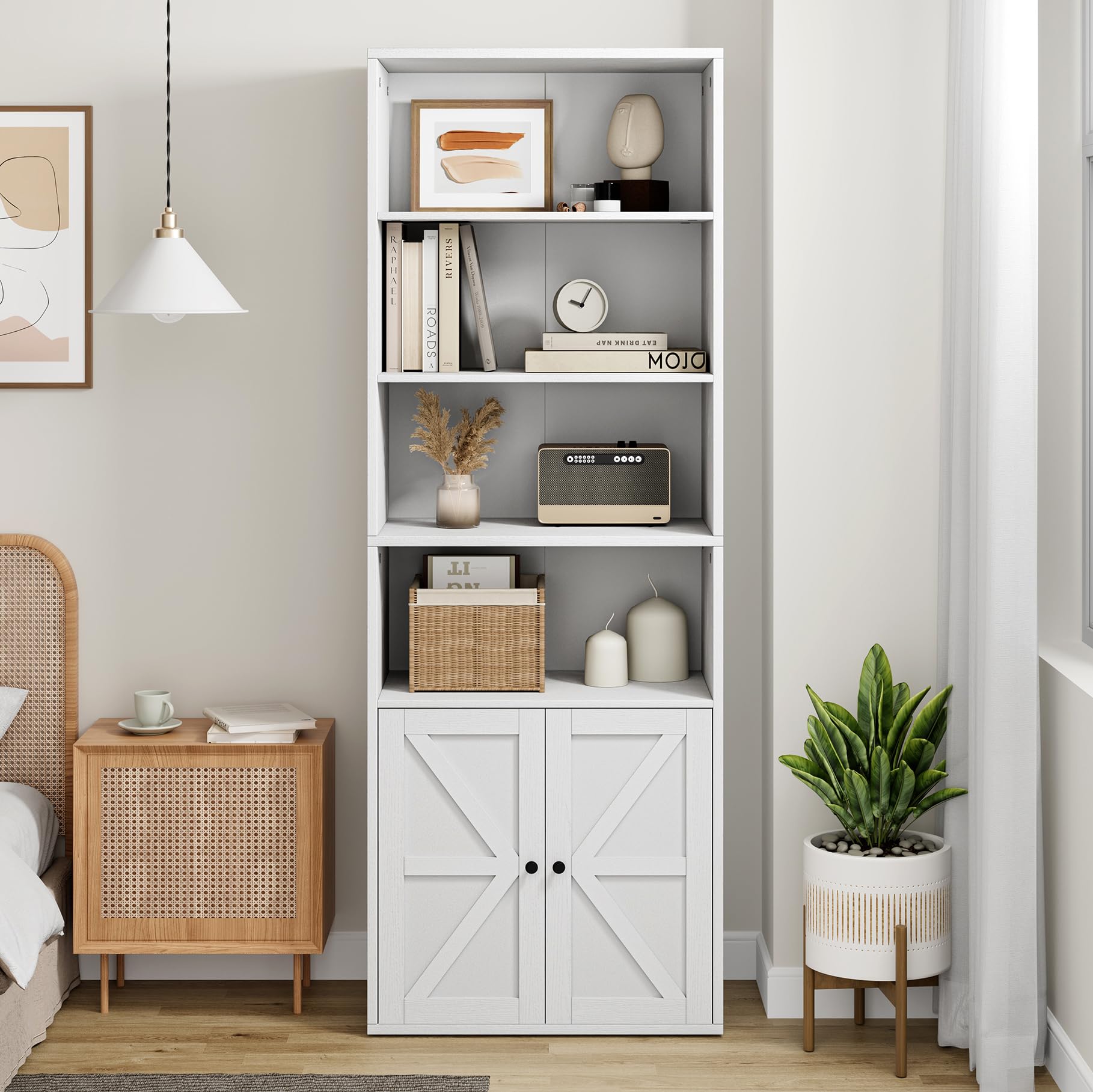 Garvee Libreria Industriale 71.4" con Ante e Ripiani, Ampio Spazio, Porta Scorrevole, Bianco, Anti-Ribaltamento, Soggiorno/Ufficio