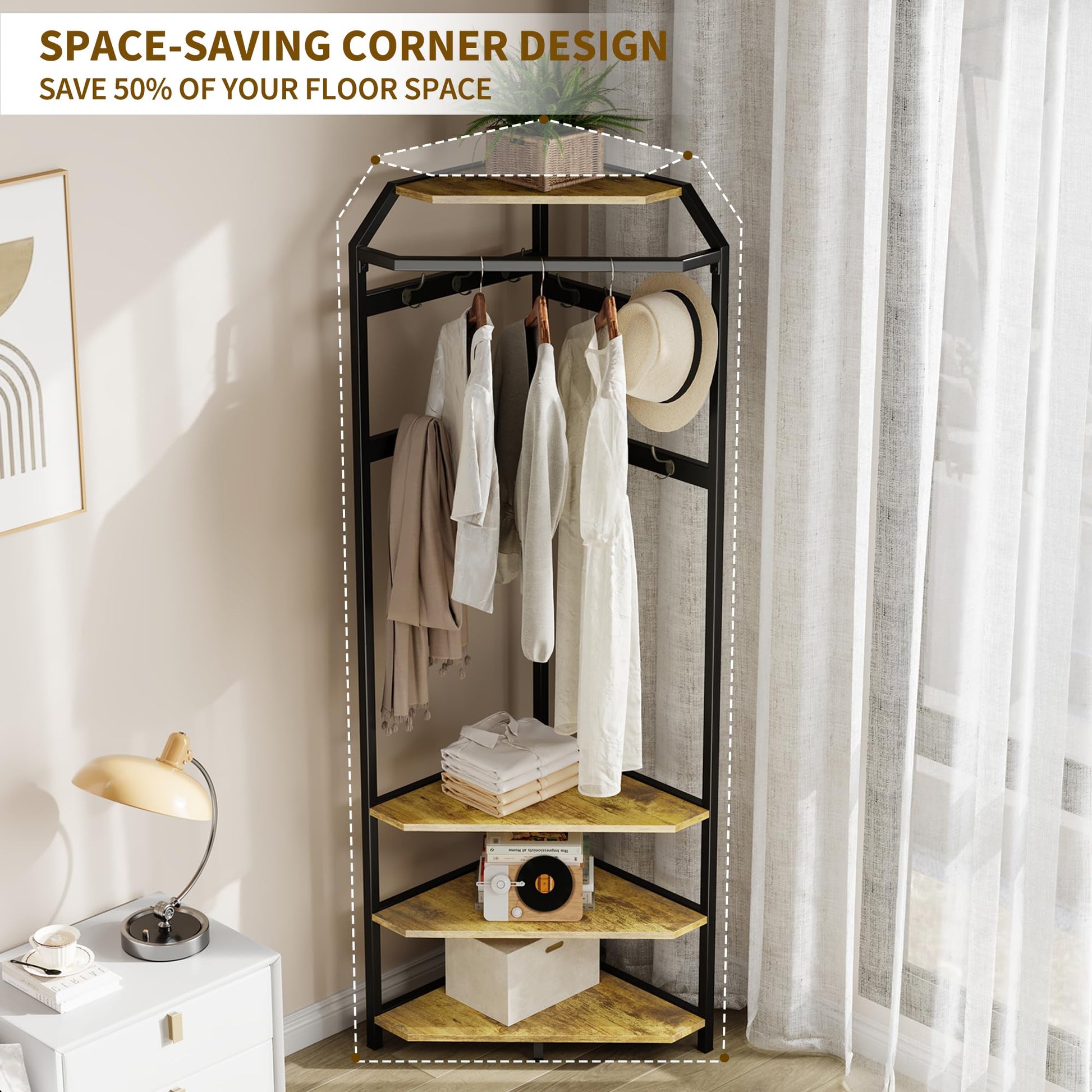 Armadio angolare Garvee con scarpiera e 6 ganci doppi, attaccapanni 3 in 1 per corridoio e ingresso, marrone rustico