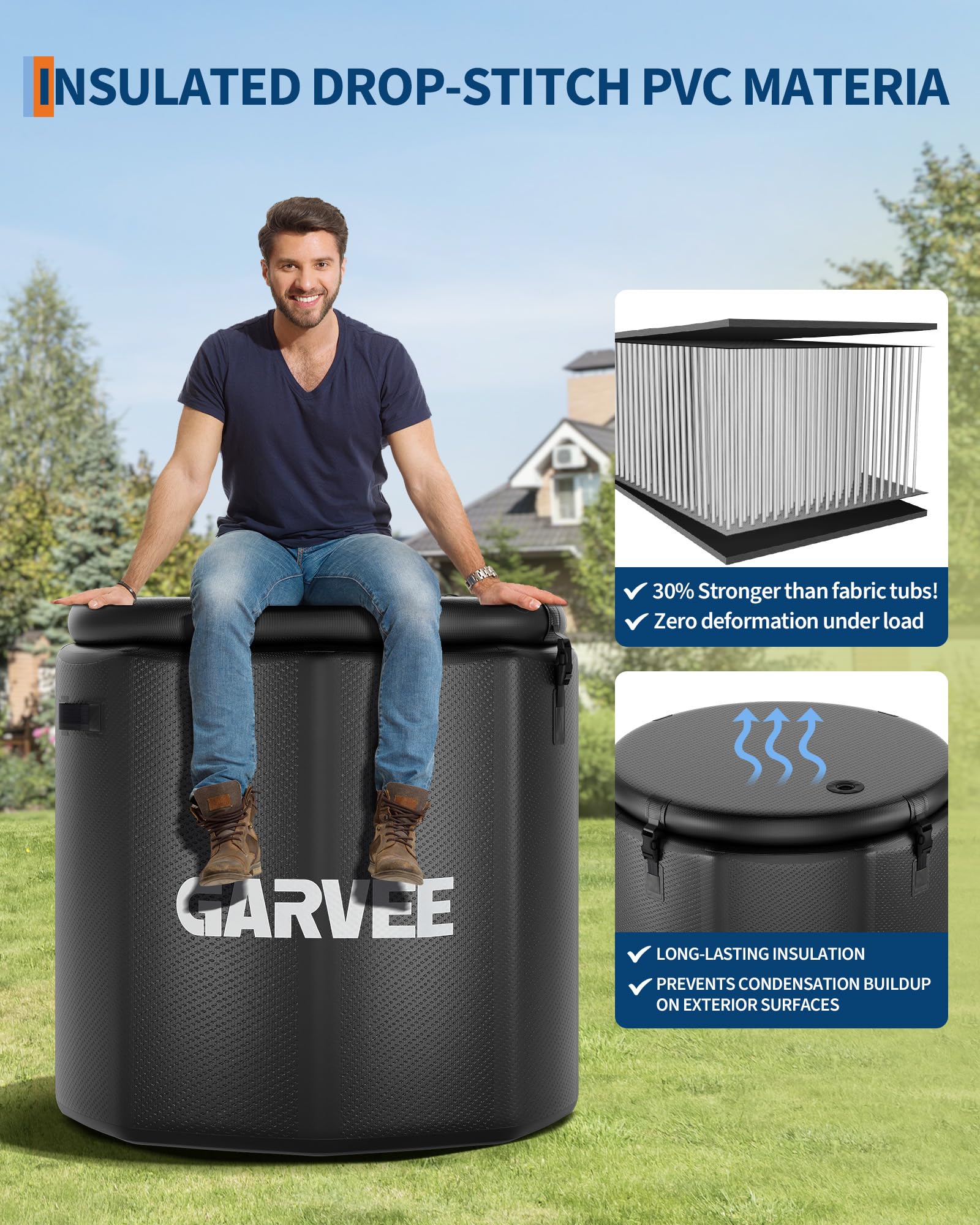 Vasca da bagno ghiacciata Garvee XXL per atleti, 186 galloni, PVC di grado militare, compatibile con refrigeratori d'acqua, portatile, coperchio isolato, sport e tempo libero