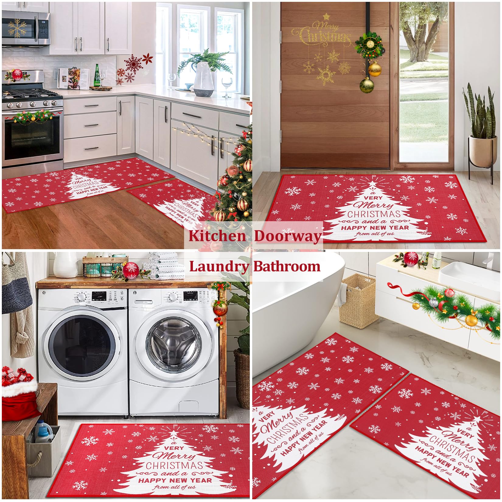Garvee Set 2 Tappeti Natalizi Cucina Ingresso Antiscivolo Lavabile Lino Rosso 40x60cm 40x120cm