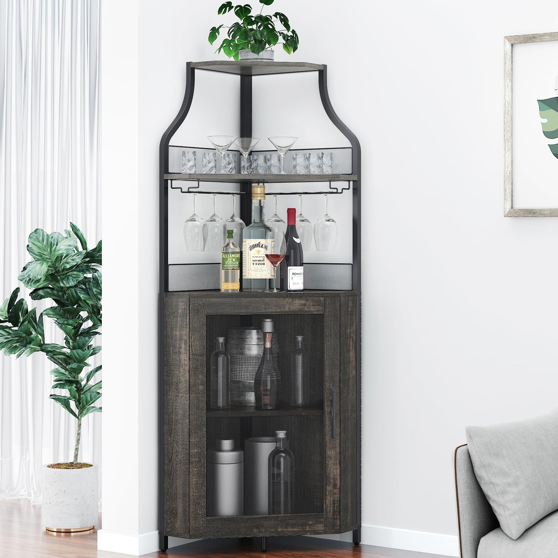 Mobiletto angolare Garvee, 5 ripiani con portabottiglie, portabicchieri, portaoggetti per soggiorno e cucina, 47 x 45 x 152 cm, grigio, salvaspazio, robusto