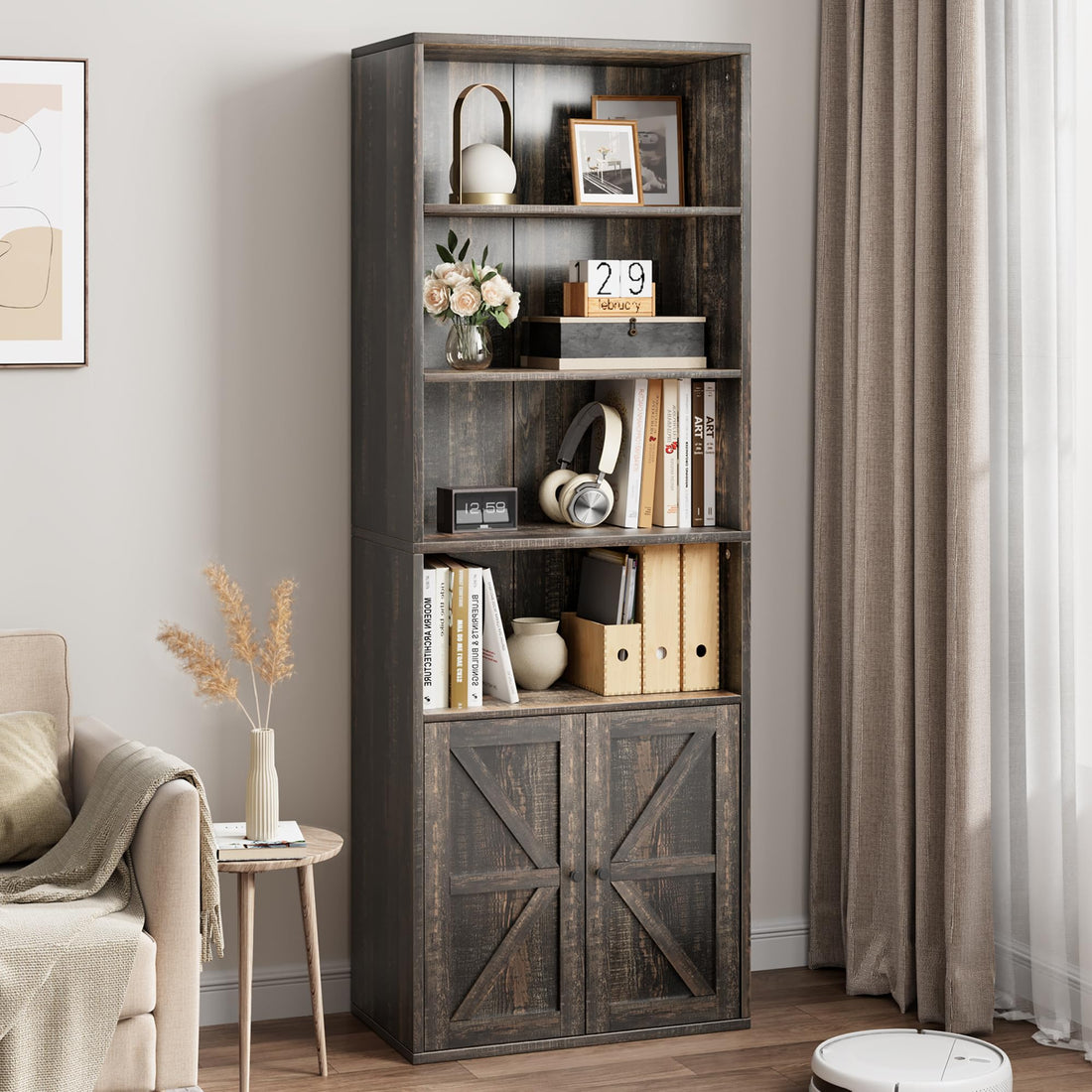 Libreria Garvee con ante, stile industriale, 6 ripiani, profondità, capacità di carico 30 kg, design rustico in legno, per ufficio e soggiorno, bianco