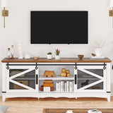 Mobile porta TV Garvee da 65" in stile rustico, bianco, con ante scorrevoli, ripiani regolabili per soggiorno, in MDF laminato