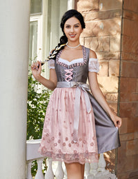 Abito tradizionale da donna Garvee Dirndl midi grigio-rosa taglia 34 - Abito tre pezzi camicetta grembiule