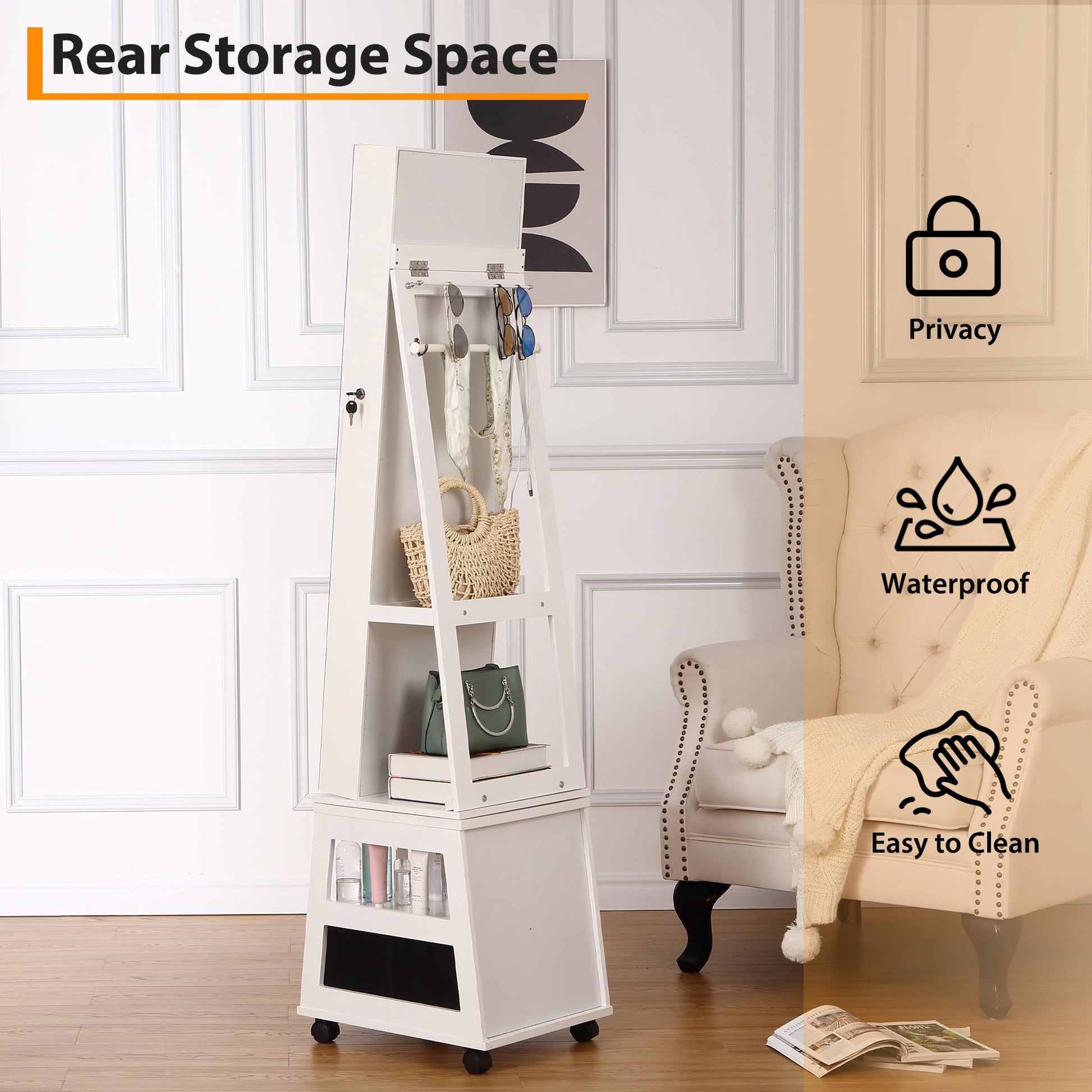 Mobiletto portagioie girevole a 360° Garvee con specchio a figura intera, illuminazione a LED, rivestimento in velluto, bianco, camera da letto, con serratura