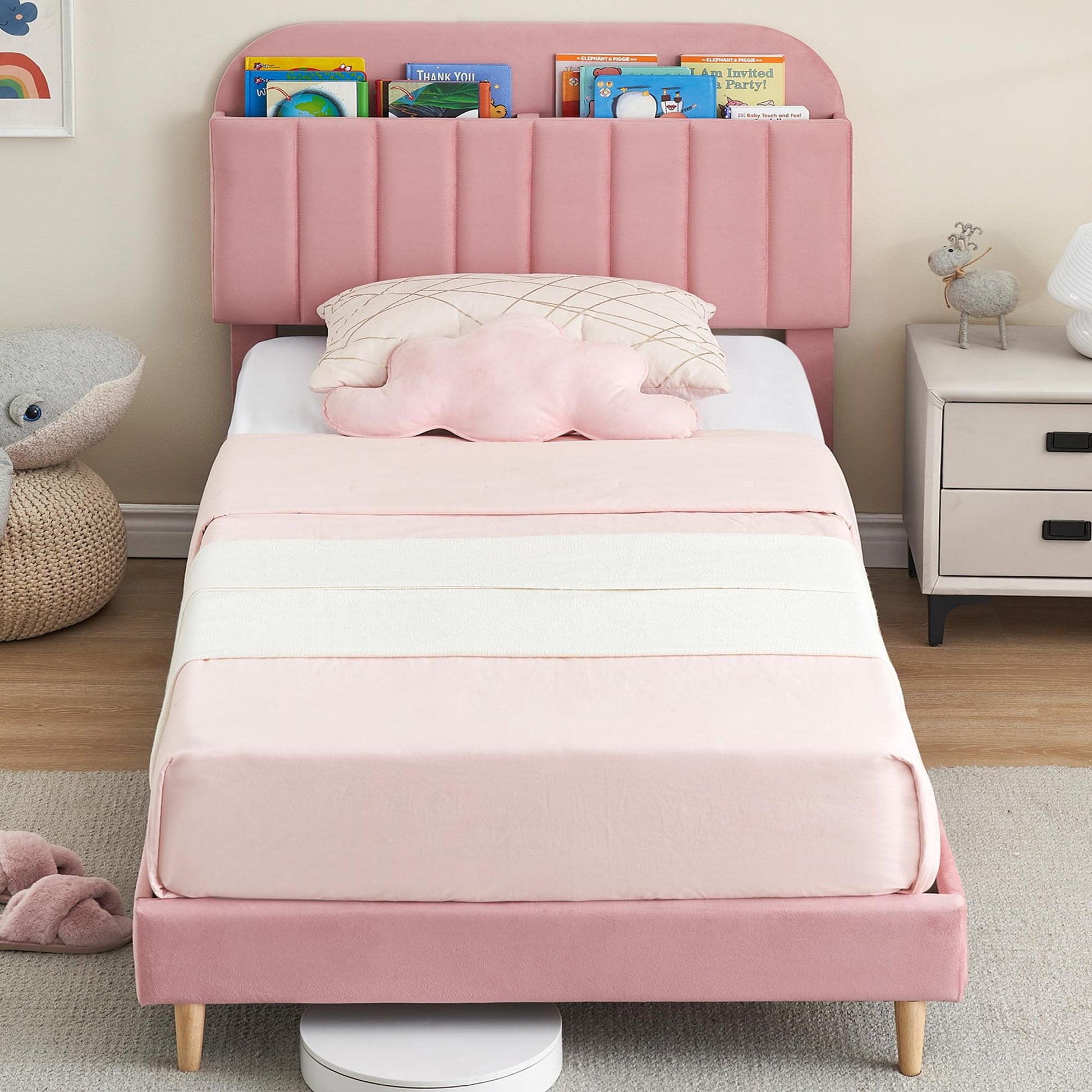 Struttura per letto singolo Garvee con libreria, velluto, gambe in acciaio robusto, silenzioso, rosa, per cameretta dei bambini